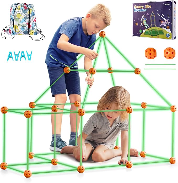 VEVOR Fort Building Kit for Kids, 85PCS Glow in The Dark STEM Building Toys, Educational Gift for 4 5 6 7 8+ Year Old Boys & Girls, Indoor Outdoor Play Tent Construction Toys with 55 Rods and 30 Balls