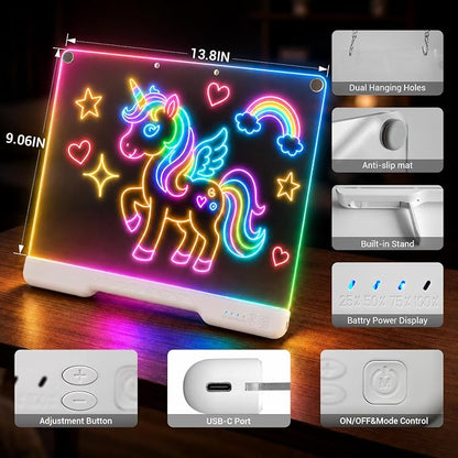 HASSKY Rechargeable LED Drawing Board, 7 Colors 4 Light Modes Glow Doodle Pad, Dry Erase Light Up Note Board with Built-in Stand, 6H Battery Life Art Kit for Kids Girls Boys Birthday Gifts