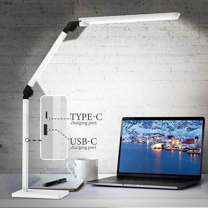 LED Desk Lamp with USB Charging Ports,Creative Touch Reading Light, with Memory Dual Light and Adjustable Swing Arm,15W 4 CCT Eye-Care Modes & 4 Brightness Levels Table Lamp for Home Office-White