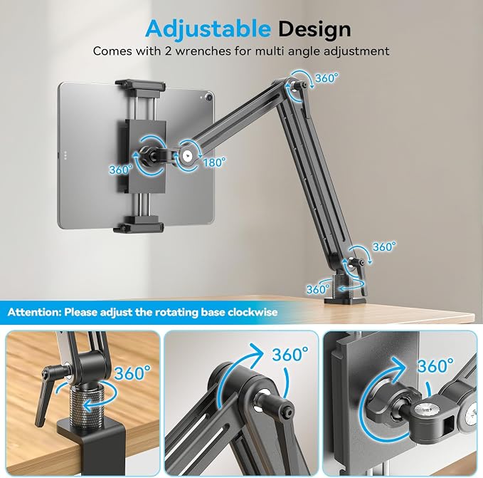 Jakeko Tablet iPad Holder Stand for Desk - 360° Rotate Base All Aluminium Body Built-in Spanner Stable Drawing Tablet Stand Foldable Space Saving