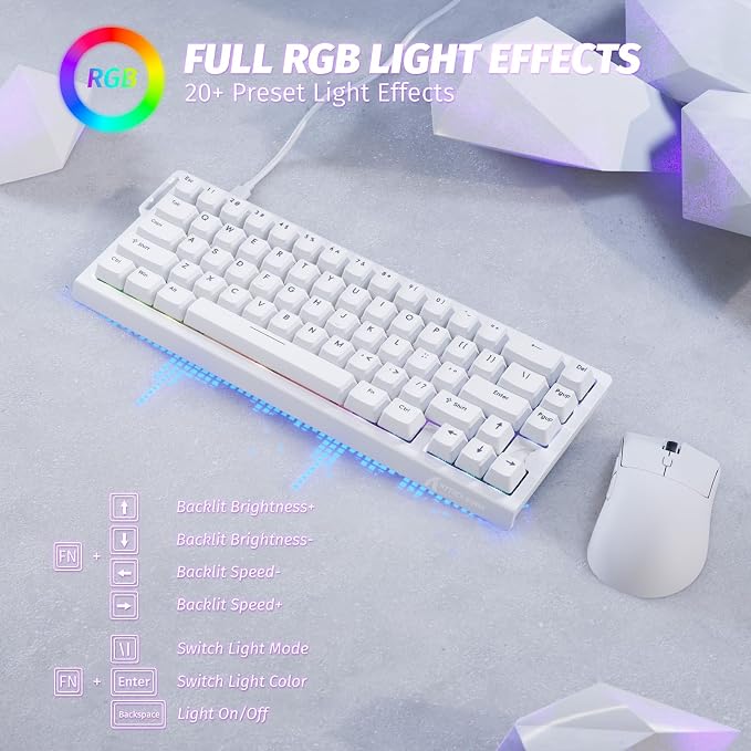 ATTACK SHARK X68 HE 60% Wired RT 8K Keyboard and Wireless R1 Mouse-White | Adjustable Actuation,Hall Effect Mechanical Magnetic Switch,Coiled Cable,USB C/2.4Ghz/BT Ultralight 18K DPI Mice for PC Gamer