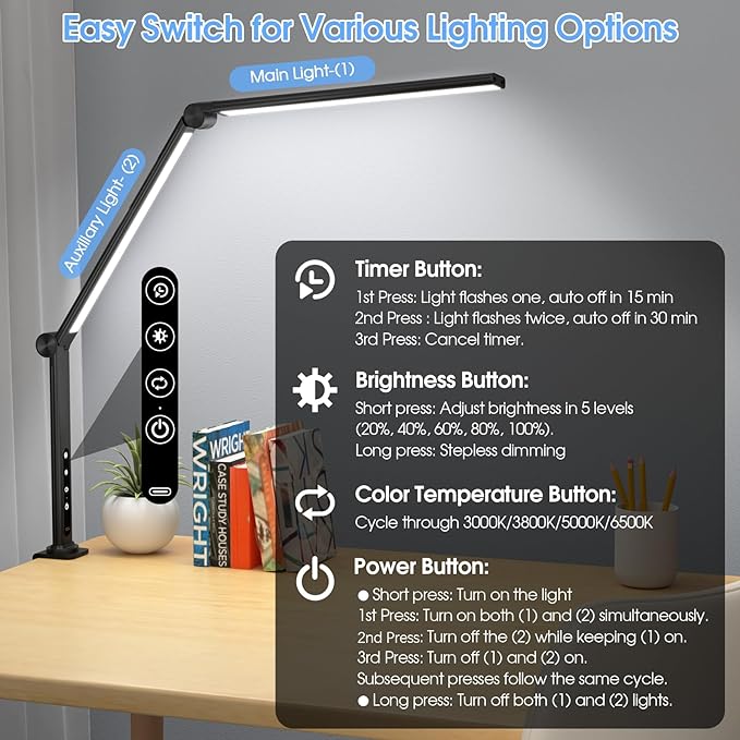 ShineTech LED Desk Lamp with Clamp, Architect Desk Lamp with Dual Light and Adjustable Swing Arm, 4 CCT Modes & 5 Brightness Levels Desk Light