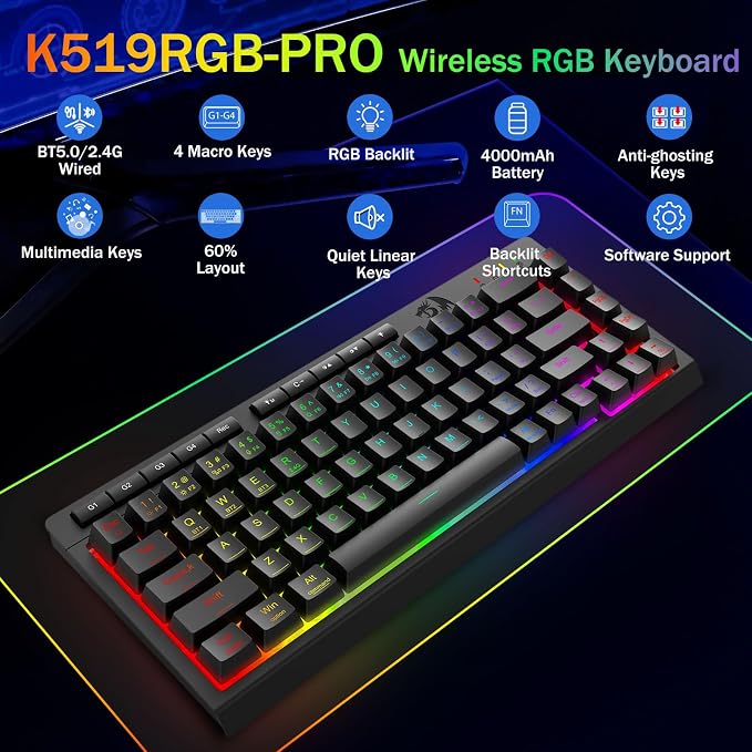 Redragon Wireless Gaming Keyboard, RGB Backlit, Portable 60% Design, Black | Bluetooth/2.4GHz/USB-C Wired, Mini Quiet Macro Membrane Keyboard, Rechargeable 4000mAh Battery, Anti-Ghosting for Win/MAC