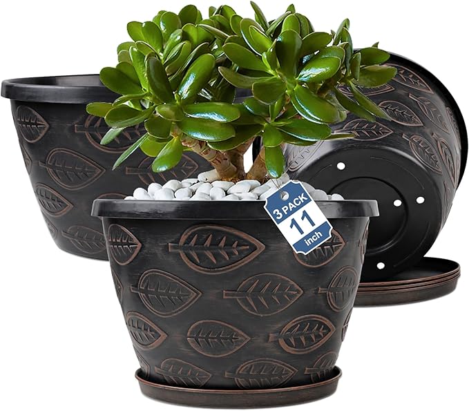 3 Pack Flower Pots Outdoor 11 Inch Plant Pots Indoor, Large-Plastic-Plant-Flower-Planters-Pots with Drainage Hole & Tray, Modern Decorative Garden Pot with Saucer(Brown)