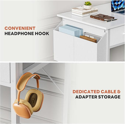 DUMOS 32" Home Office Computer Desk with Drawers, Small Gaming Writing Study Table with Storage Side Bag, Headphone Hook and Adjustable Feet for Bedroom White | Home Office Desk for Bedroom, Gaming Writing Study Desk with Adjustable Feet