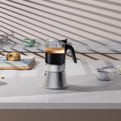 SIXAQUAE Moka Induction Stovetop Espresso Maker,Crystal Glass-top & Stainless Steel Espresso Moka Pot,Classic Italian coffee maker,240ml(6cup)