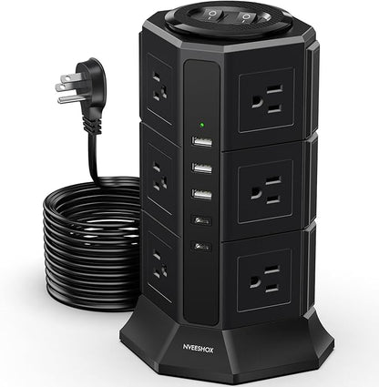 Surge Protector Power Strip Tower, 10FT Ultra Flat Extension Cord with 12 AC Outlets 5 USB Ports(2 Type C), Desktop Charging Station, Flat Plug Outlet Extender for Home Office Dorm