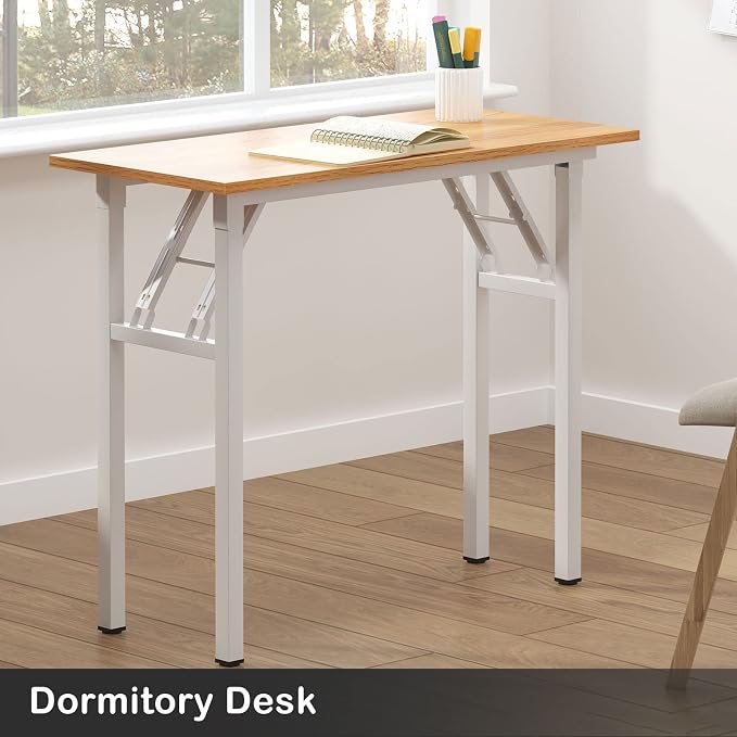 Need Small Computer Desk 31.5 in Folding Home Office Table Teak | White Frame Writing Gaming Work Table/Sturdy Foldable Study Table for Small Space/Dormitory, No Assembly Required