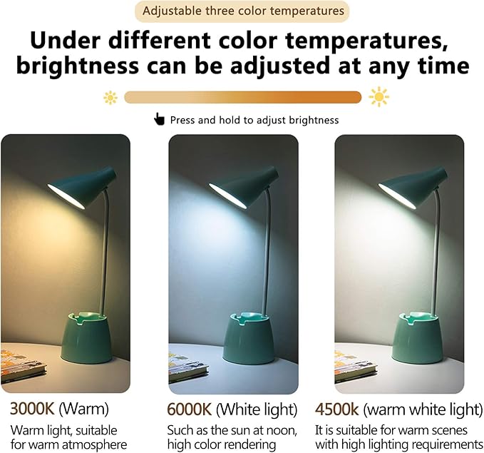 Desk Lamp LED, Desk Lamps with 3 Lighting Modes and Stepless Dimming, Desk Light 360 ° Flexible Gooseneck with Pen Holder & Mobile Phone Stand for Reading Kids Dorm (Green)