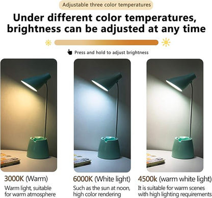 Desk Lamp LED, Desk Lamps with 3 Lighting Modes and Stepless Dimming, Desk Light 360 ° Flexible Gooseneck with Pen Holder & Mobile Phone Stand for Reading Kids Dorm (Green)