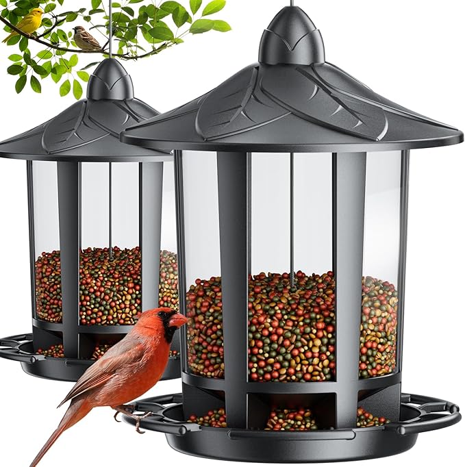 Birdream 2 Pack Bird Feeders for Outdoor Hanging, Assembly Required, 1-Min Easy Setup, Charming Castle Design, Attracting Cardinals Chickadees Goldfinches & Sparrows - Black