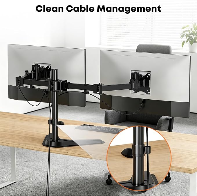 Dual Monitor Stand fits 17-32 inch, Free Standing Heavy Duty Monitor Mount | Precise Slide, Tilt, Swivel, Rotate and Height Adjust, 19.8 lbs per Arm, VESA 75/100mm