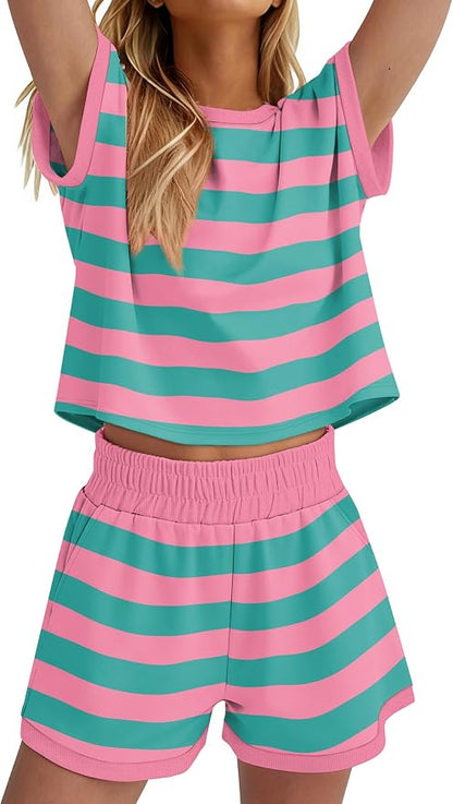 WIHOLL Two Piece Sets for Women Summer Lounge Short Sets Cap Sleeve Crew Neck Sweatsuit with Pocket XS-2XL