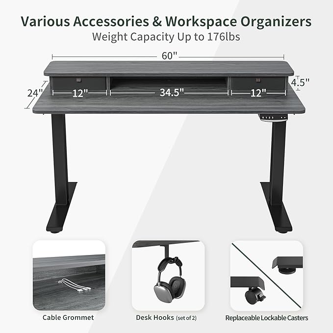 FEZIBO 60 x 24 Inch Height Adjustable Electric Standing Desk with Double Drawer, Stand Up Desk with Storage Shelf, Sit Stand Desk, Grey