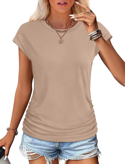 Sampeel Womens Summer Tops Trendy 2026 Ruched Cap Short Sleeve Tshirts Shirts Crew Neck T Shirts Fashion