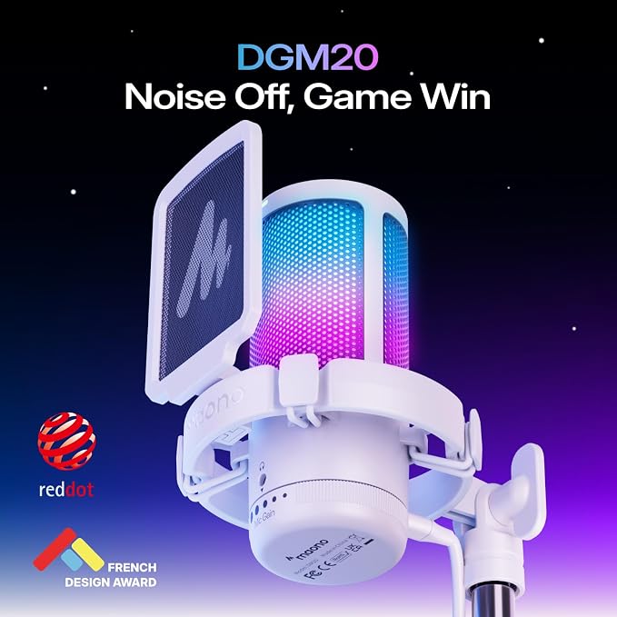 MAONO DGM20S USB Microphone for PC with Clear Voice & Noise Reduction | RGB Lighting, Tap-to-Mute, Gain Control, Monitoring and Boom Arm for Discord Gaming, Streaming, Content Creation.White