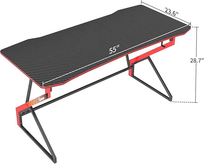 CubiCubi Simple Gaming Desk Z Shaped 55 inch Gamer Workstation, Home Computer Carbon Fiber Surface Gaming Desk PC Table with Headphone Hook