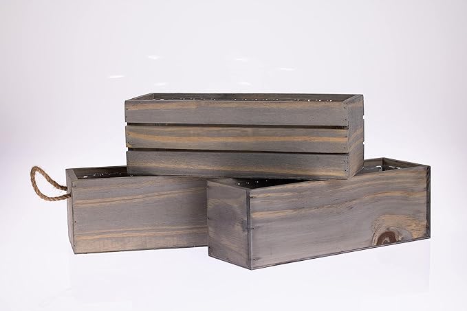 Wooden Planter Box with Handle I Rustic Barn Wood, Plastic Liner l Garden Decor l Restaurant and Wedding Decorations l Wedding Table Centerpiece (12x4 w Handle Set of 4, Natural)