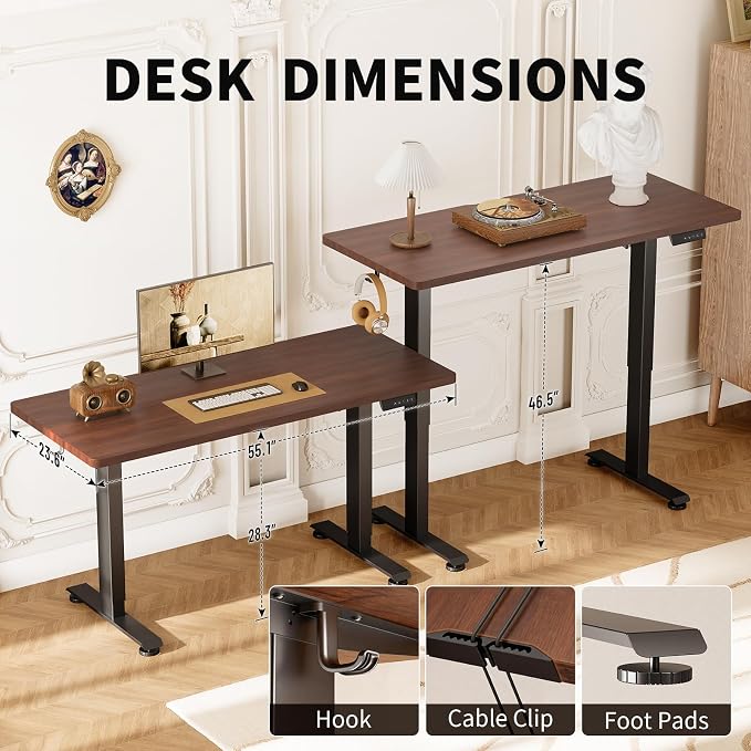 Veken Standing Desk, 47.2 Inch Electric Gaming Table, Walnut | Height Adjustable Sit Stand Up Computer Tables for Home Office, Study , Writing, Suit students, employees and group work