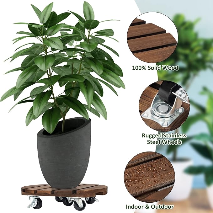 Yangbaga 2pack Plant Caddy 12’’Wood Duty Rolling Plant Stand with 2 360° Lockable Caster Wheels,Indoor Outdoor on Roller Patio/Flower Pot/Succulent Pots