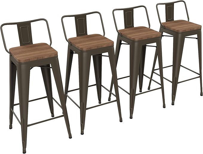 Yongchuang 30 inch Bar Stools Set of 4 Bar Height Metal Barstools with Wood Seat Low Back Kitchen Bar Chairs Gunmetal