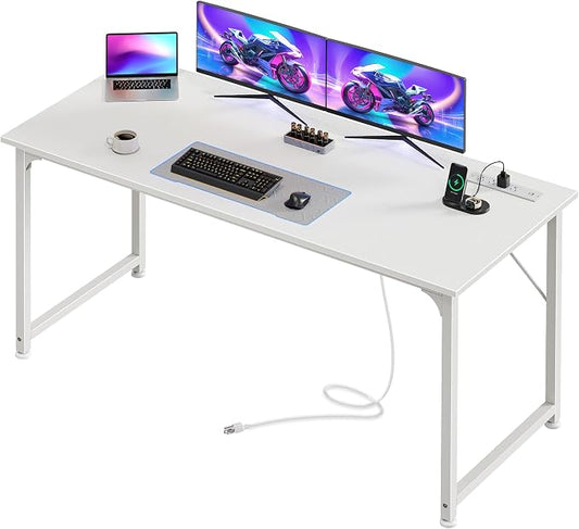 PRAISUN 55 X 20 Inch Computer Desk, Power Outlets, USB-C, White | Office Desk with 4 AC Outlets, USB & USB-C, Sturdy Metal Frame, Spacious Desktop for Work, Writing, Study & Gaming