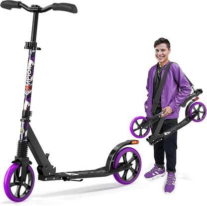 Campior Kick Scooter for Ages 6+, for Kids, Teens, and Adults, Max Load 240 LBS, Foldable, 8-inch Big Wheels for Kids and Adults, with Kickstand, 3 Adjustable Levels, Child Safety Approved, Purple
