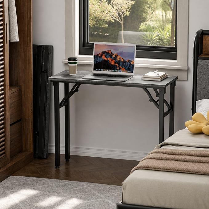 Folding Table Computer Desk - 35.8" No Assembly Folding Desk Design and Foldable Office Desk, Small Desk for Bedroom, Compact Storage Portable Use for Dorm and RV Small Space, Marble Greige