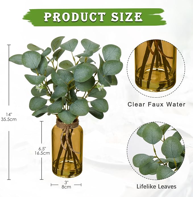 Briful Artificial Eucalyptus Stems in Amber Glass Vase with Faux Water, 14" Fake Plant Eucalyptus Leaves for Home Office Farmhouse Wedding Centerpiece Décor