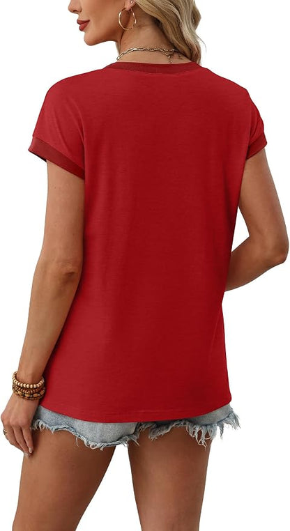 WIHOLL Womens Summer Tops 2026 Cap Short Sleeve Shirs V Neck T Shirts Fashion Beach Vacation Clothes Color Block