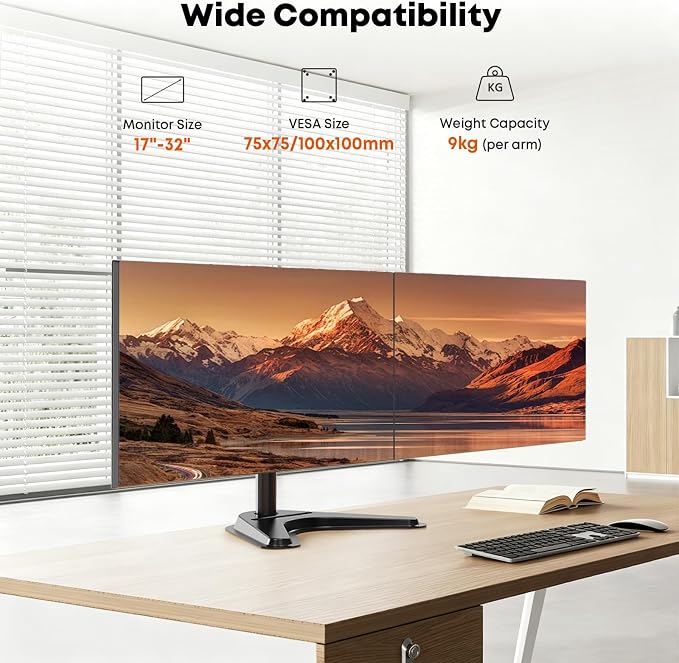 Dual Monitor Stand fits 17-32 inch, Free Standing Heavy Duty Monitor Mount | Precise Slide, Tilt, Swivel, Rotate and Height Adjust, 19.8 lbs per Arm, VESA 75/100mm