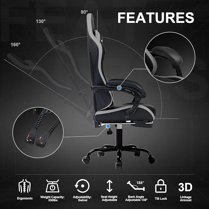 GTPLAYER Gaming Chair for Adults, Big and Tall 300LBS Heavy Duty Office Chair with Footrest, Ergonomic High Back Lumbar Support and Wide Comfy Cushion with Linkage Armrests for Home Office, Grey
