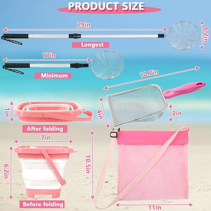 fethwoin Shark Tooth Sifter, Beach Sand Sifter, Sea Shell Scooper for Beach, Shell Bags&Foldable Bucket, Sand Beach Toys for Kids 6 8 10 12, Medium, Pink