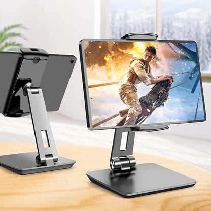 ROADOM Tablet Stand, Adjustable 360° Swivel Bracket, 180° Tiltable Clamp,Foldable Tablet Holder for 4.7-17.3'' iPhone/iPad/Tablet/Portable Monitor, Aluminum Alloy, Black