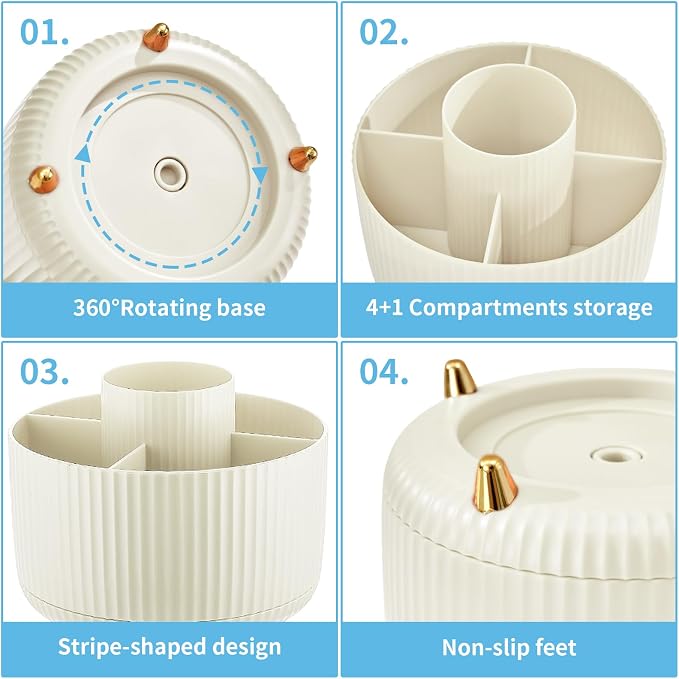 Marbrasse Desk Organizer, 360-Degree Rotating Pen Holder, 5-Compartment Pencil Organizer, Art Supply Storage Box Caddy for Office and Home (Ivory)