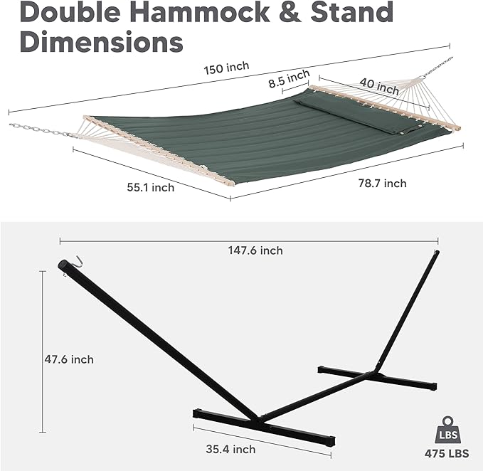 SUNCREAT Hammocks Extra Large Double Hammock with 12 ft Stand, 475lbs Capacity, Outdoor Portable Hammock with Hardwood Spreader Bar, Extra Large Pillow, Gray Green