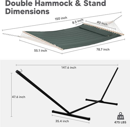 SUNCREAT Hammocks Extra Large Double Hammock with 12 ft Stand, 475lbs Capacity, Outdoor Portable Hammock with Hardwood Spreader Bar, Extra Large Pillow, Gray Green