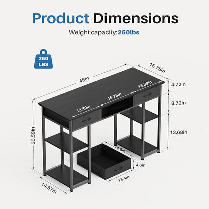 OLIXIS 48 Inch Desk with Storage, Computer Desk, Fabric Drawers | Home Office, Gaming Writing, Study Work, PC Table, Small Space Bedroom, Black