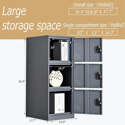 MECOLOR Vertical Single Tier Small Locker with Padlock latche 2 or 3 Compartment Storage for Employee,Home,Office,School,Kids (Dark Grey, P3V)
