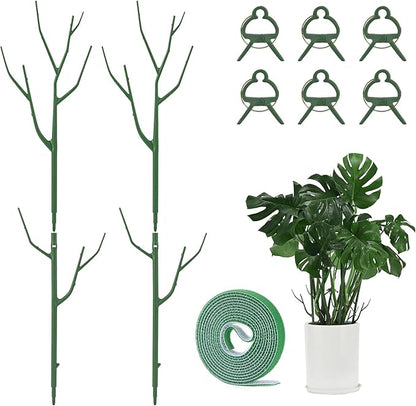 4 Pack Plant Support Stakes, Plant Stakes for Indoor and Outdoor Plants. 28inch Plant Sticks with Extension Poles, Plant Clips, Plant Ties for Potted Monstera Plants, Climbing Plants