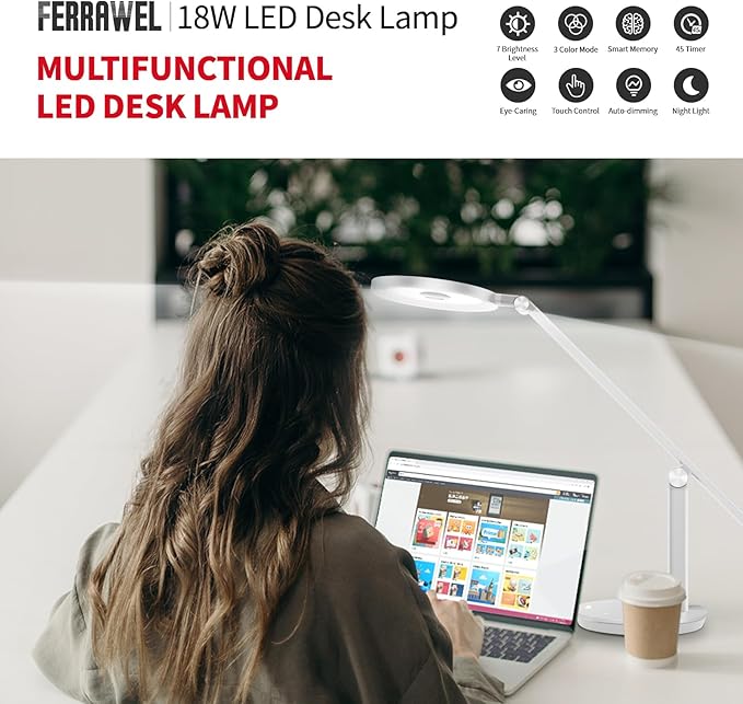 LED Desk Lamp for Home Office - Natural Eye-Caring Table Light, Adjustable Metal Swing Arm with 18W Dimmable Bright Reading Task Lampara Memory Function White