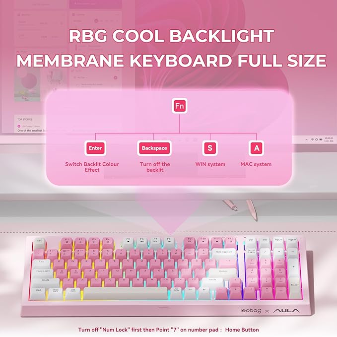 LEOBOG x Aula Pink Keyboard Wireless Creamy Computer Gaming Keyboards | Silent Membrane Keyboard, 98 Keys 2000mAh Quiet Creamy Keyboard with Number Pad, Rechargeable, for PC Mac Office Dorm Rooms