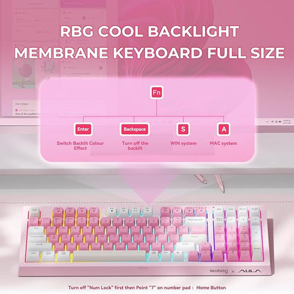 LEOBOG x Aula Pink Keyboard Wireless Creamy Computer Gaming Keyboards | Silent Membrane Keyboard, 98 Keys 2000mAh Quiet Creamy Keyboard with Number Pad, Rechargeable, for PC Mac Office Dorm Rooms