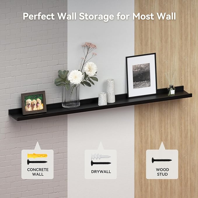 RICHER HOUSE 3-Set Floating Shelves with Lip, Black Small Wall Shelf, 16In | Display Picture Ledge Shelf, Anti-drop lip Shelf for Room Wall Decor, Bedroom Bathroom Storage Nursery Books, Easy Setup,Wood