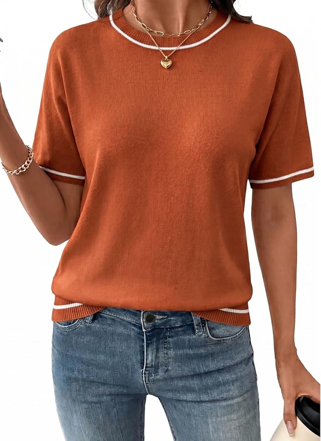 SHEWIN Womens Tops Trendy Short Sleeve Shirts Crewneck Lightweight Knit Sweater Top Business Casual Outfits