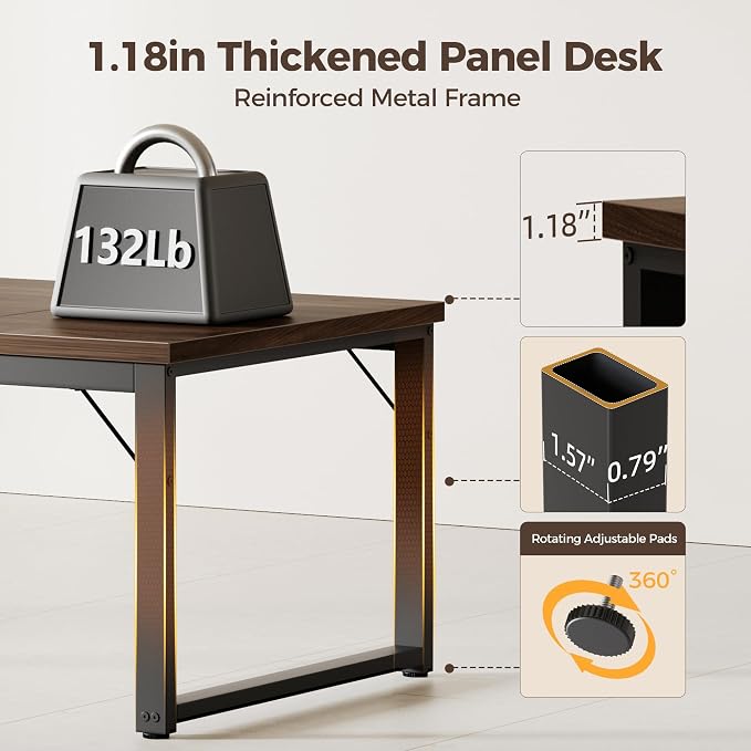 Mericonia 63x28 Inch Computer Desk w/Power Outlets, 1.2" Thick Office Table | Modern Simple Style, Heavy Duty Industrial Frame, Large Study & Writing Table for Home Bedroom Work, Walnut