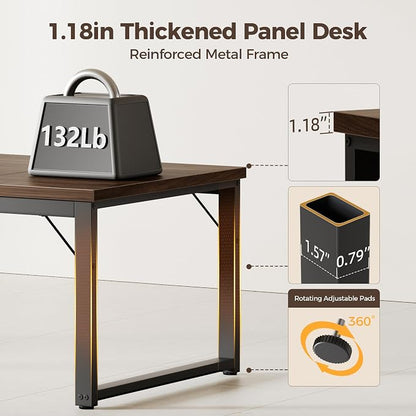 Mericonia 63 Inch Computer Desk with Power Outlets, 1.2" Thick Office Table | Modern Simple Style, Heavy Duty Industrial Frame, Large Study & Writing Table for Home Bedroom Work, Walnut