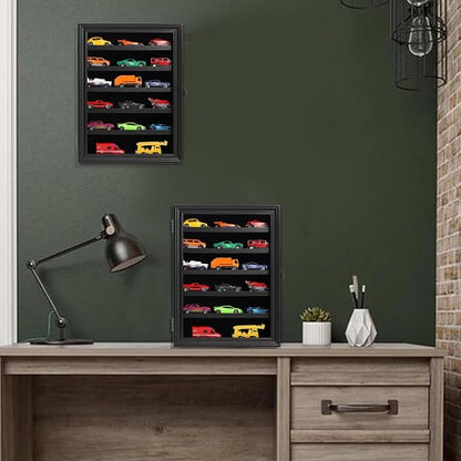 Toy Cars Display Case 1/64 Scale Diecast Car Display Case Wall Mount Model Car Display Storage Cabinet Lockable with Real Glass & Removable Shelf Rack -Black