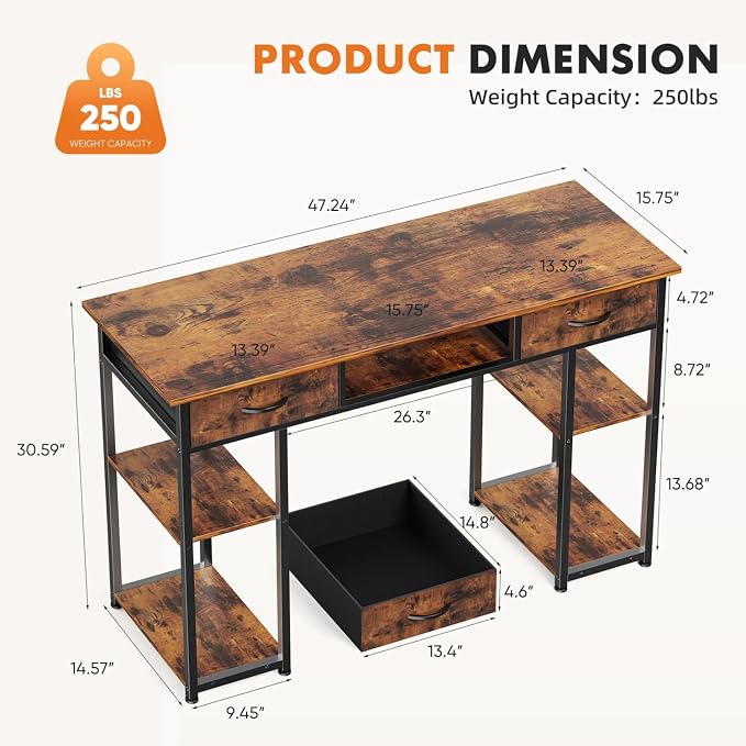 47 Inch Computer Desk with 2 Drawers, Home Office Desk with Wooden Shelves, Study Writing PC Table for Small Spaces, Bedroom, Dorm or Living Room, Rust