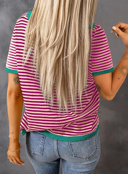 Dokotoo Womens Tops 2026 Casual Summer Crewneck Short Sleeve Striped Color Block Knit High Low Trendy Pullover Sweaters